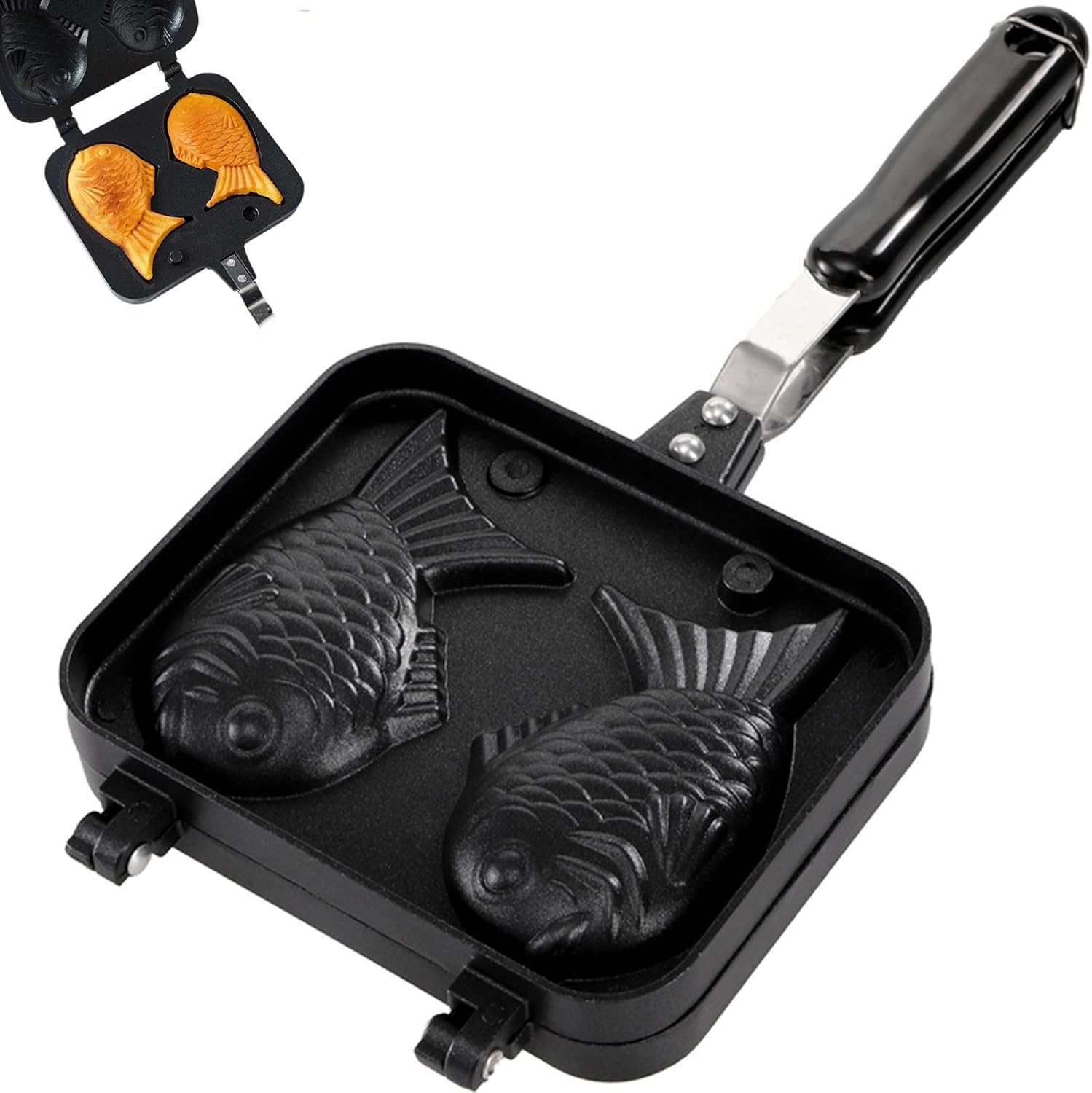 ZOOFOX Taiyaki Fish-shaped Cake Pan, Non-stick Waffle Cake Maker with Long Handle, Pancake Baking Double Pan Mold ZOOFOX Taiyaki Fish-shaped Cake Pan, Non-stick Waffle Cake Maker with Long Handle, Pancake Baking Double Pan Mold