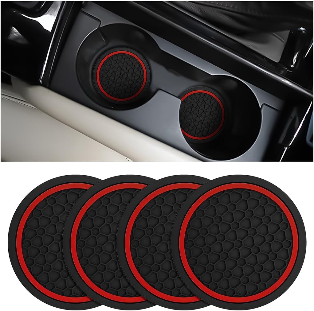 Mandark 4 Pcs Car Cup Holder Coasters, 2.75" Non-Slip Insert Water Bottle Holder Pad, Dustproof Car Interior Accessory Mat, Universal for Car, Truck, RV and More (Black/Red)