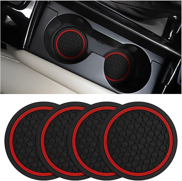 XINLIYA 4PCS Car Cup Holder Coasters, Dustproof Automotive Interior Accessories Mat, Non-Slip Insert Water Bottle Holder Pads, 2.75 Inch Universal for Vehicles, Trucks, RVs and More(Black/Red) - 1