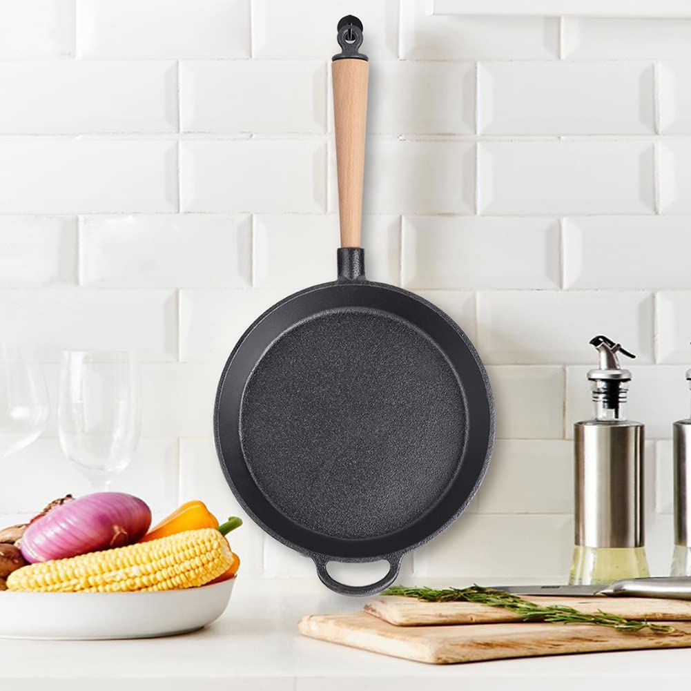 FLEXMAN Skillet Z Żeliwa, Wielofunkcyjna Patelnia do Smażenia Z Żeliwa Z Drewnianym Uchwytem, Patelnia do Gotowania Steków do Pieczenia, Grilla, Pieczenia, Duszenia, Smażenia