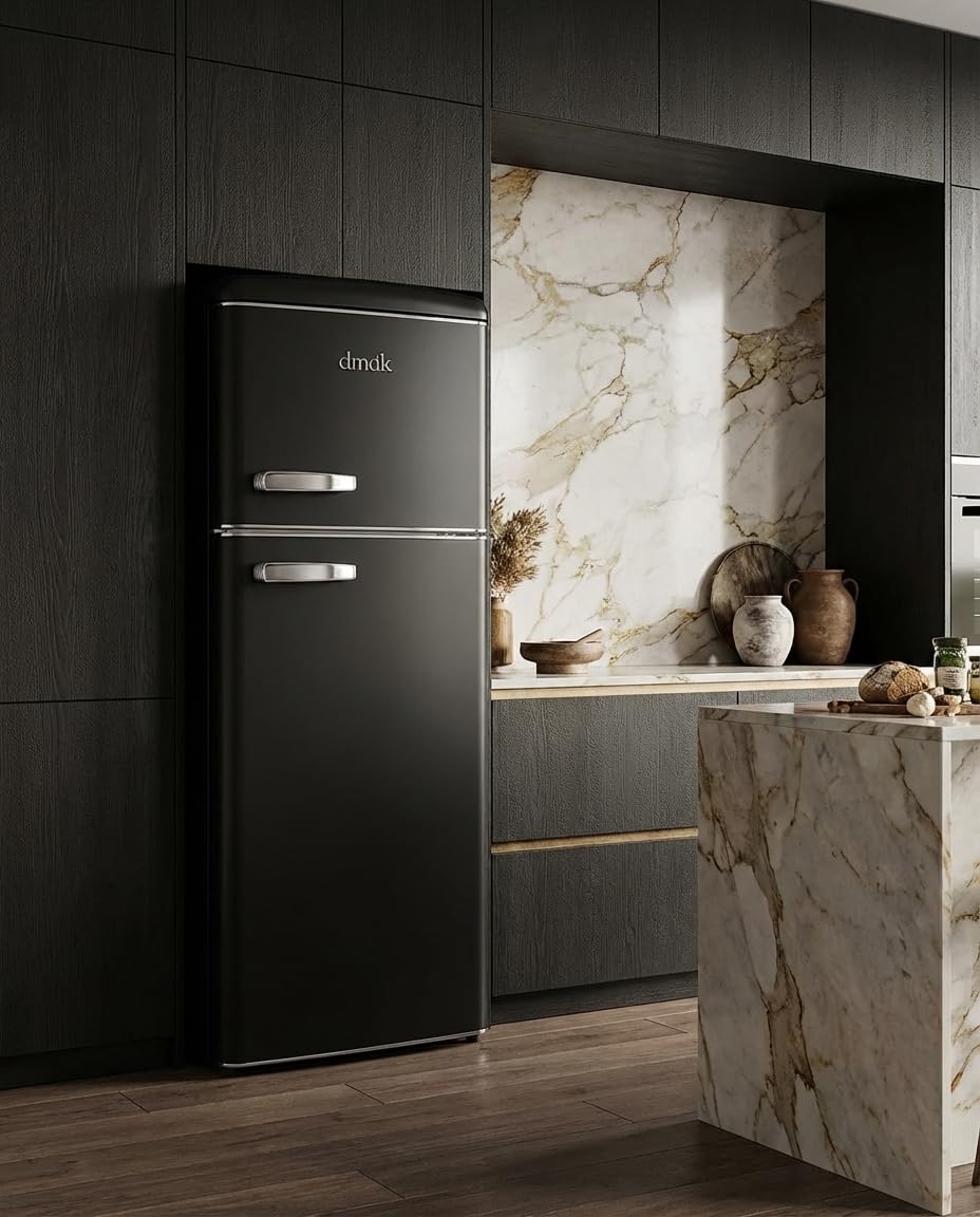 DMDK DKB2 Frigorífico Retro Independiente, Negro Mate, 208 l, 41 dB, con Compartimento Congelador, 146 x 61,50 x 55 cm