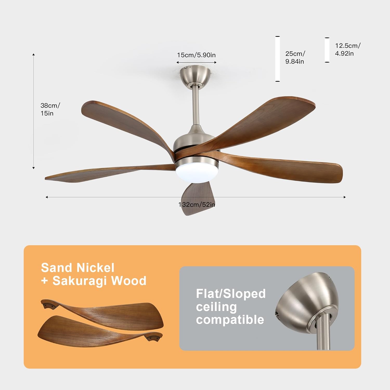 52" Smart Ceiling Fan, Indoor/Outdoor Ceiling Fans with Lights and Remote, 3-Color Light 6-Speed Timing Reversible DC Motor for Bedroom Living Room Patio,Sakuragi