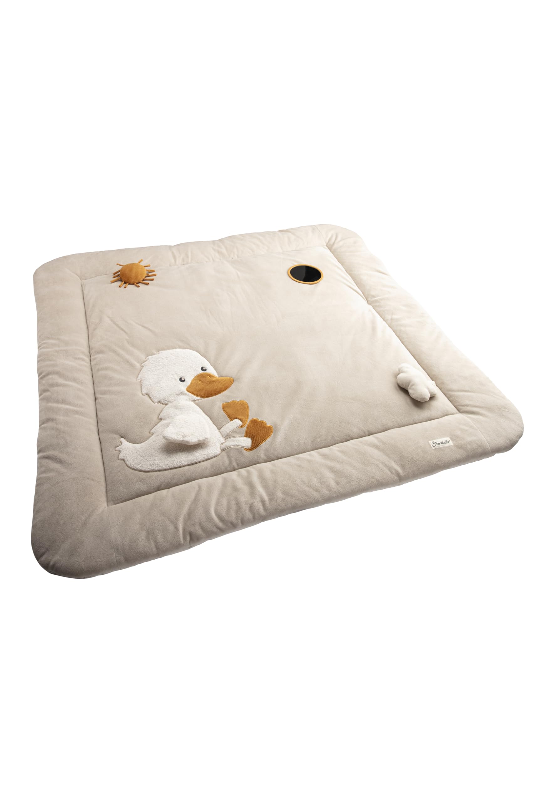 Spieldecke Ente Edda Lou, Baby Krabbeldecke 100 x 100 cm mit Spiegel, Knisterpapier, Quietsche und Rassel,