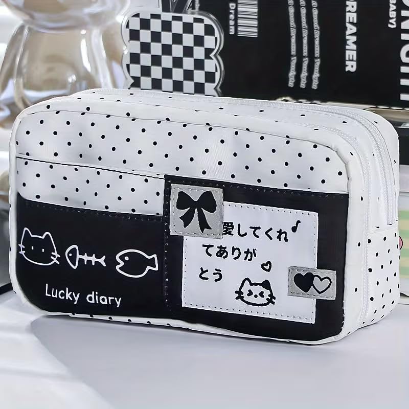 Image of Cute Cat Pencil Case, Kawaii Polka Dot Pen Pouch for Girls - Large Capacity Canvas Cosmetic Bag with Japanese Bow Patch, Aesthetic Stationery Organizer for School, Travel & Makeup