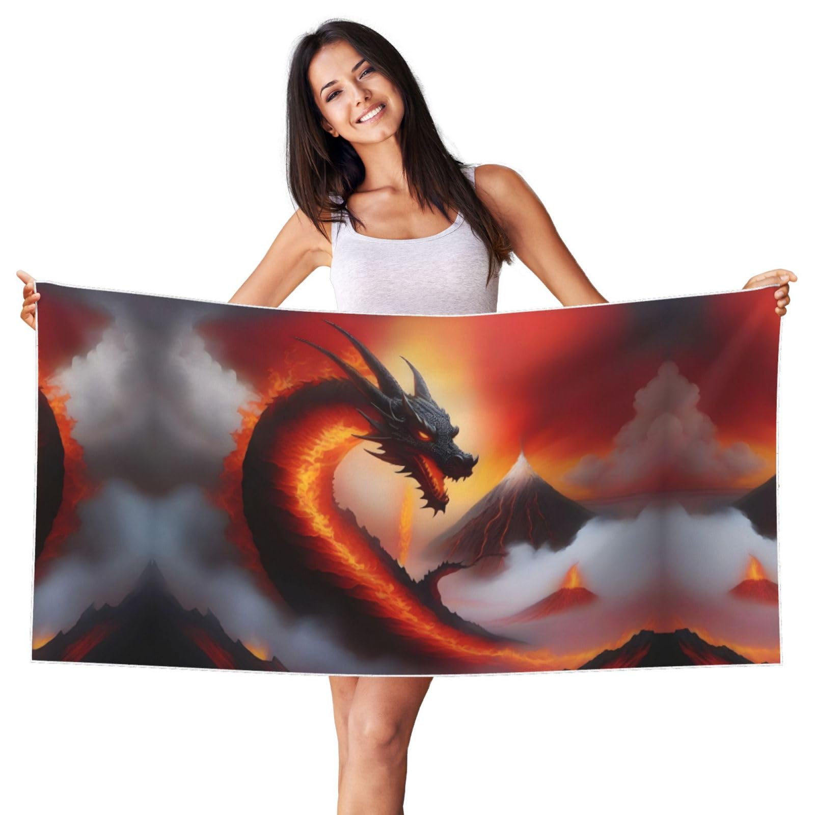 PHAYAH Beach Towel 27.5" X 55" Dragon On Volcano Print Bath Towel For Women, Girls, Men - Oversized Pool And Drying Towel