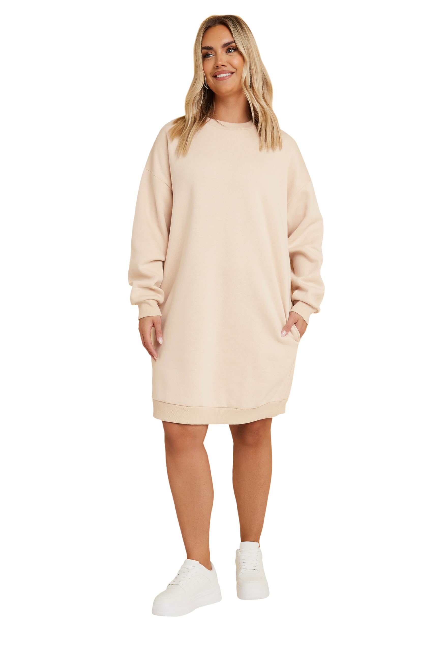 Yours Curve Crew Neck Sweatshirt Dress - Mini Length - Long Sleeve - Crew Neck - Ribbed Hem - Natural - Size 22-24
