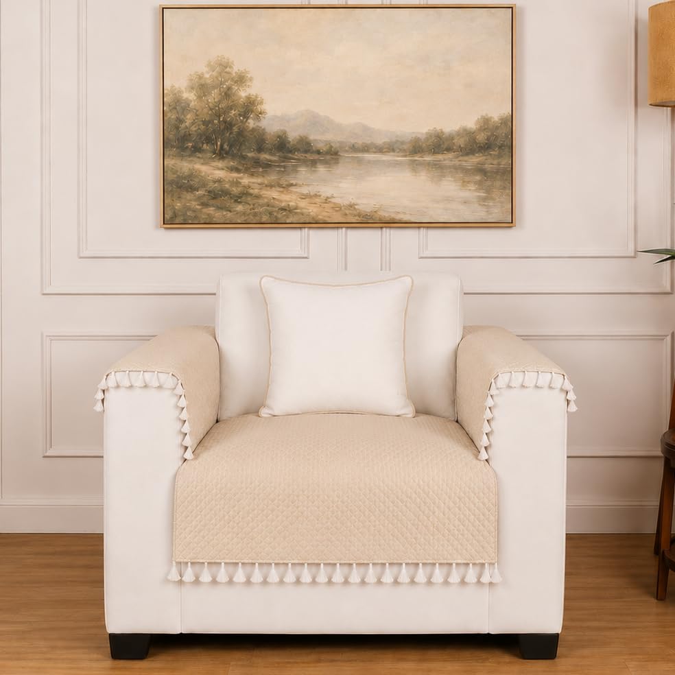 Image of Roseate Quilted Velvet Sofa Cover with 2 Arm Cover (1 Seater / 24 inchx27 inch) Sofa Protector for Living Room /Bedroom interiors (Beige) with Tassels