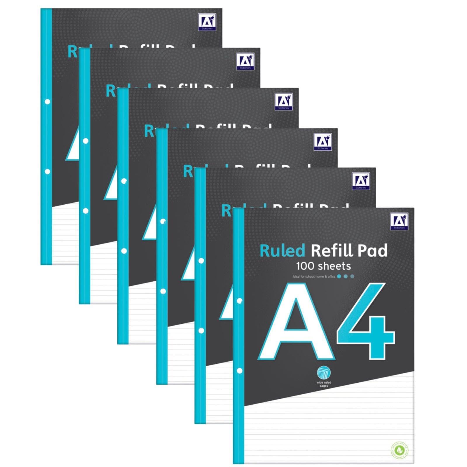 Domkora A4 Ruled Refill Pad Notebook Writing Paper - 6 Pack 100 Sheets Hole Punched Lined Note Paper - Work Office School College Notepad - Folder Binder Ready Study Filing - 100% Recyclable