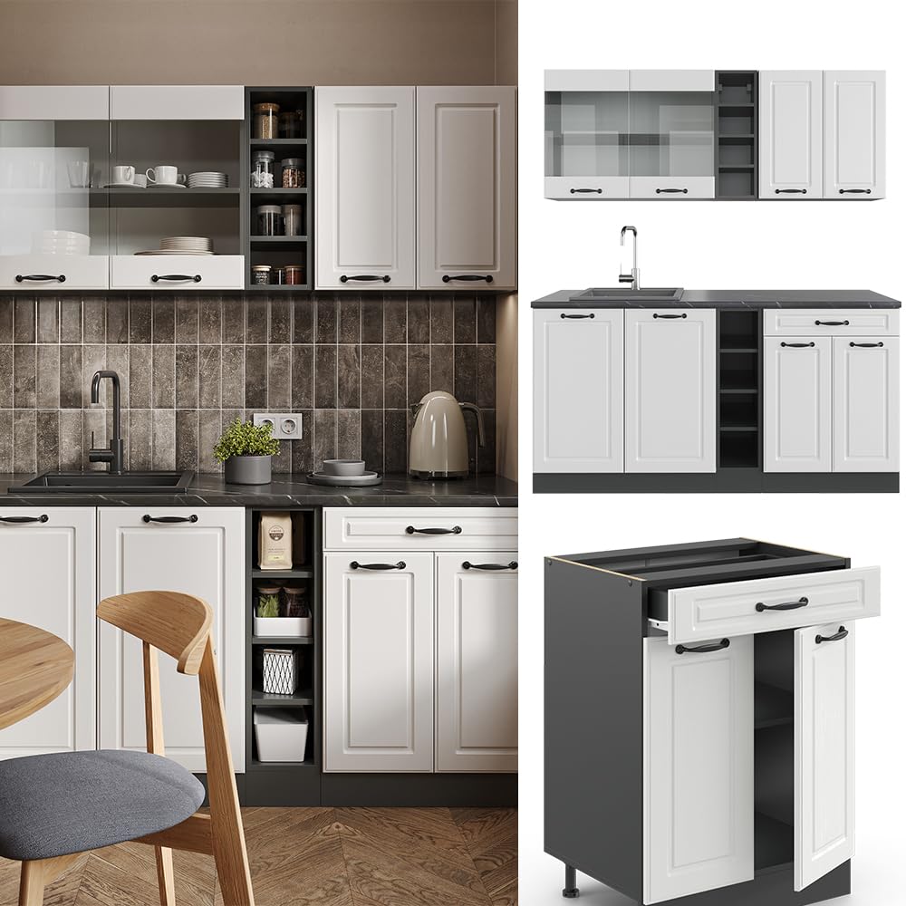 Vicco Cucina completa R-Line, Bianco rustico/antracite, 160 cm senza piano di lavoro, adatto per l'espansione individuale con moduli aggiuntivi
