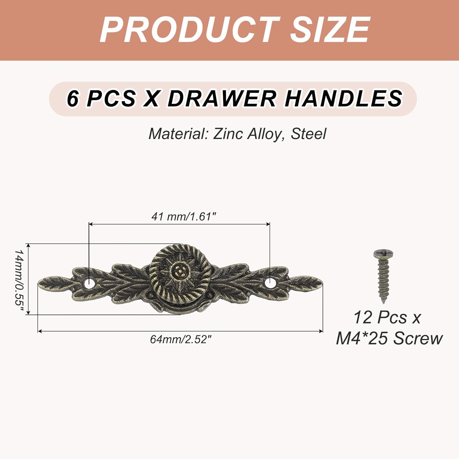 PATIKIL European Flower Handle Pull 2.52x0.55, 6 Pcs Drawer Handles with Screws for Cabinet Wooden Box Case Wardrobe Cupboard Dresser Furniture Hardware, Bronze Tone