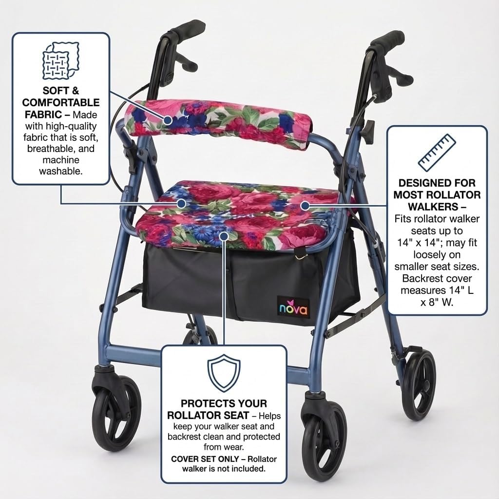 NOVA Rollator Walker Seat & Backrest Cover Set – Removable Washable Fabric Cushion Covers for Standard Rolling Walkers, Comfort & Style Upgrade Mobility Accessory, English Garden Design image 4