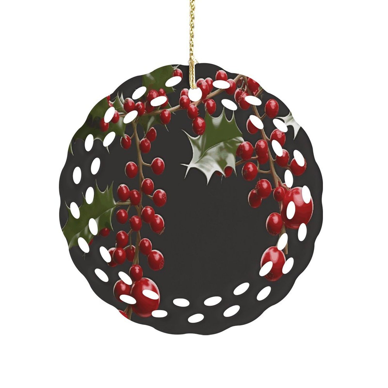 Btcowzrv Style Holly Berry Branches Ceramic Ornament,Round Ornaments With Hole Easy To Hang,Hanging Ornament For Wedding Party Home Window Garden Christmas Day Decor