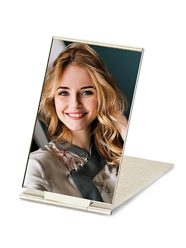 MIRRORNOVA Espejo plegable portátil, espejo de mesa de maquillaje ultradelgado y duradero para viajes con carcasa de aluminio, dorado, tamaño mini,