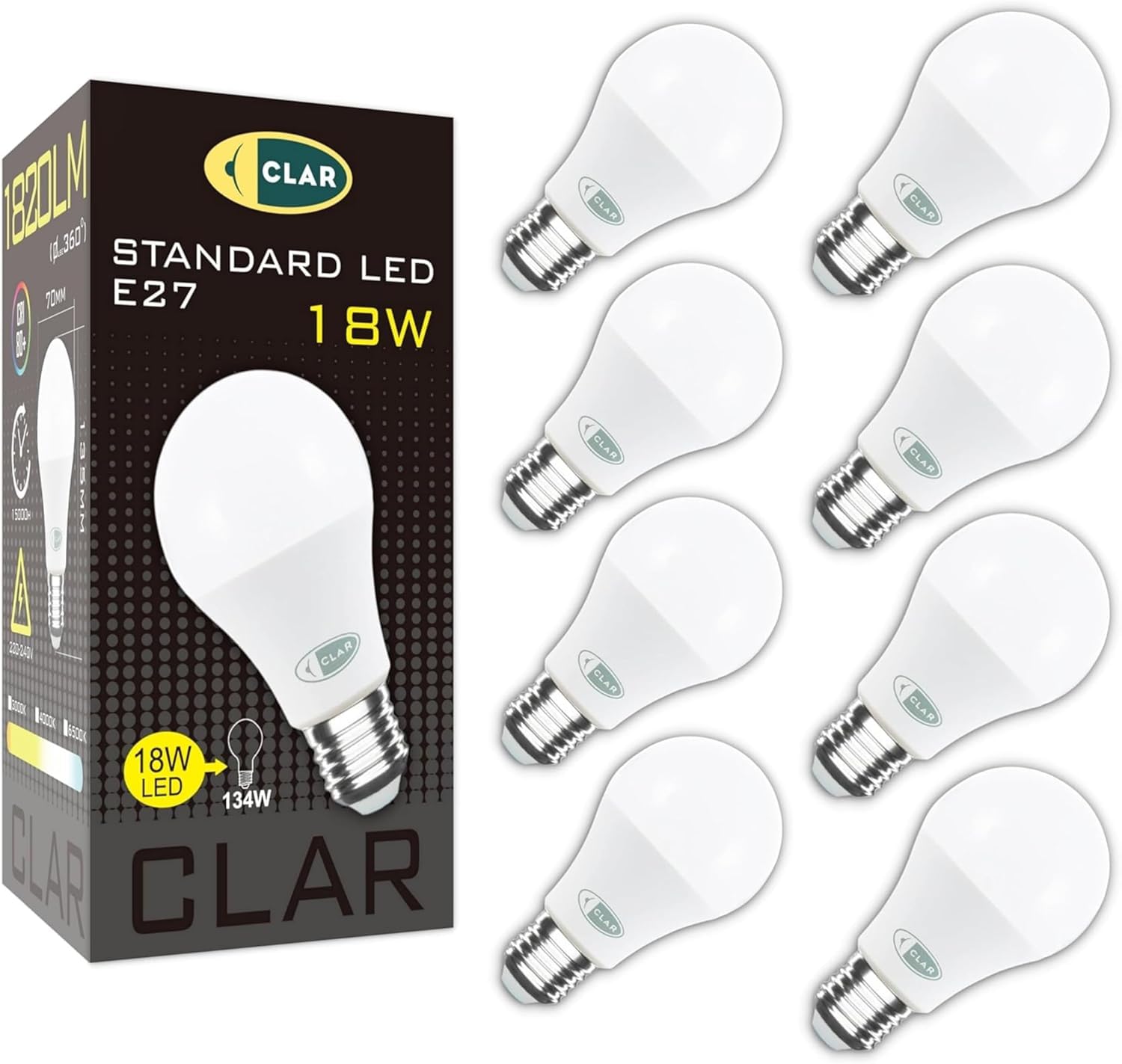 CLAR - Potężna żarówka LED E27, mocna żarówka LED, żarówka LED E27 150W/120 W, żarówka 150 W, żarówka energooszczędna, żarówka E27 LED zimna biel 6000ºK 18 W (opakowanie 20)