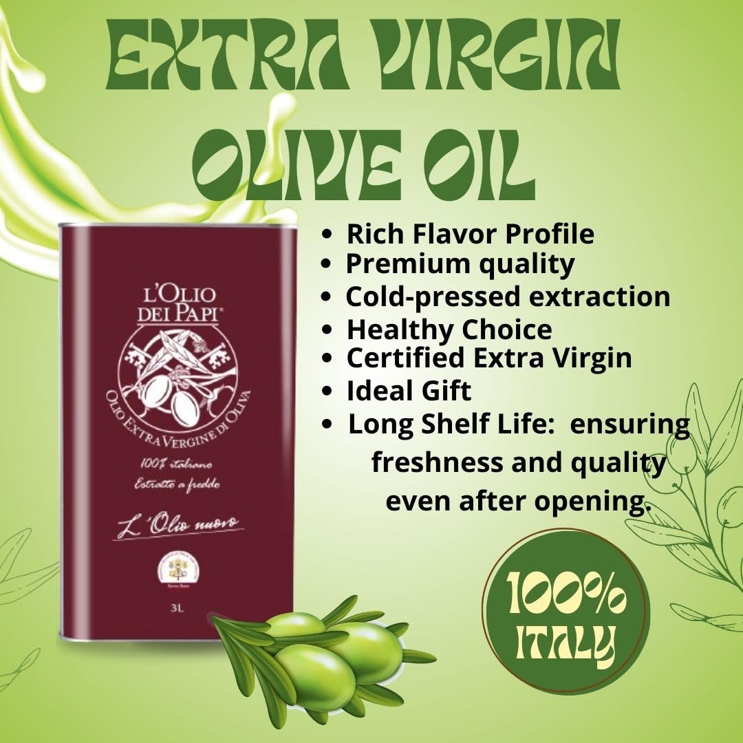 L'Olio dei Papi - Włoski Extra Virgin Olive Oil 100% zimno tłoczony, wyprodukowany z oliwek ze starych plantacji na terenach papieskich 3 litra (puszka)
