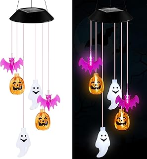 Retisee Halloween Solar Wind Chimes for Outside Lights Outdoor Mobile Wind Chime LED Lights for Garden Patio Yard Porch Halloween Decorations Gifts (Bats, Pumpkins, Ghosts)