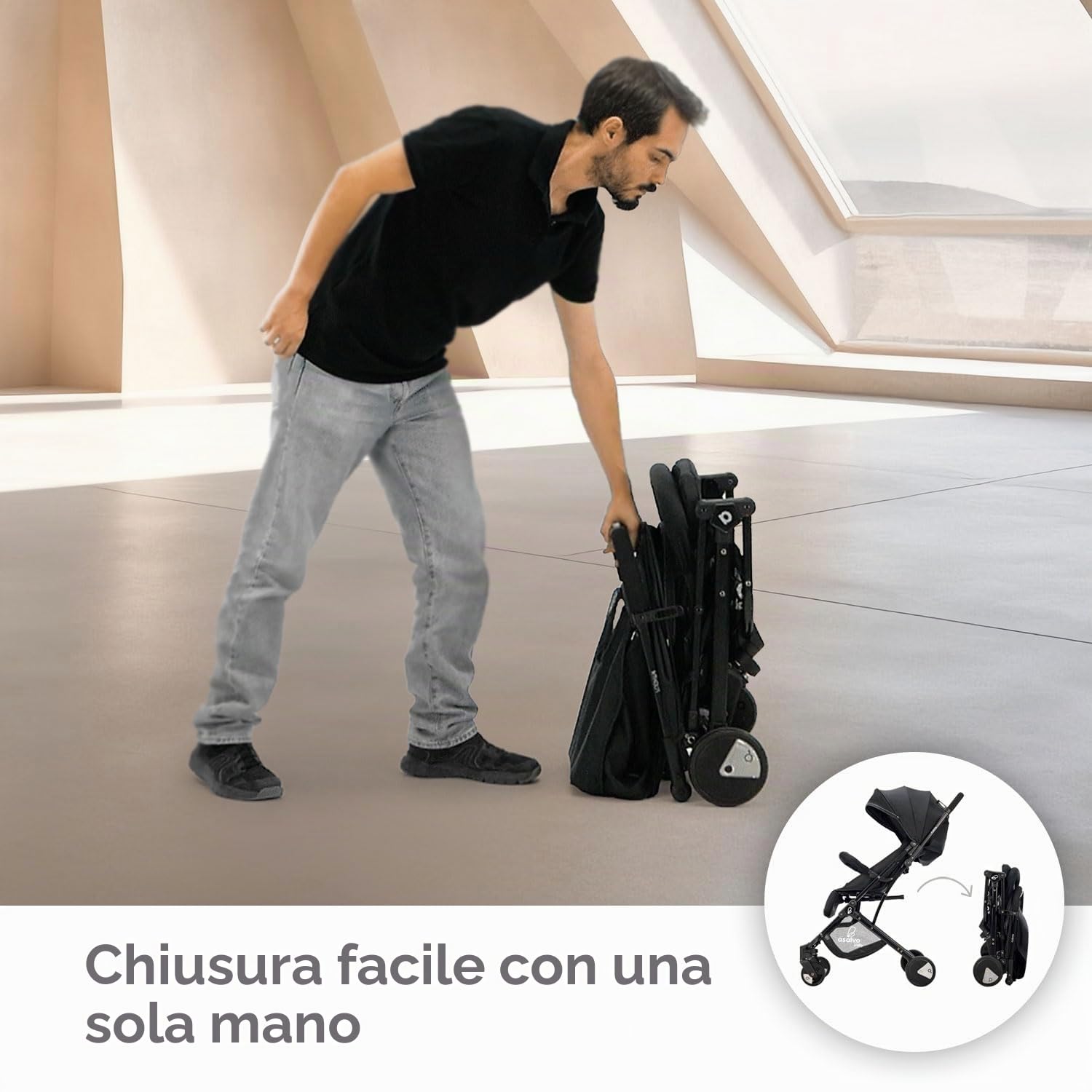 Asalvo FLIGHT Passeggino leggero, carrello pieghevole ultra leggero e compatto, manico trolley, bagaglio aereo, reclinabile, peso 6,6 kg, barra di sicurezza, imbracatura a 5 punti, da 0 mesi (nero