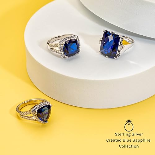 Miniatura 5 de PEORA Anillo solitario con halo de zafiro azul creado para mujer, plata de ley 925, forma ovalada de 2.75 quilates, 0.354 x 0.276 in, tamaños 5 a 9
