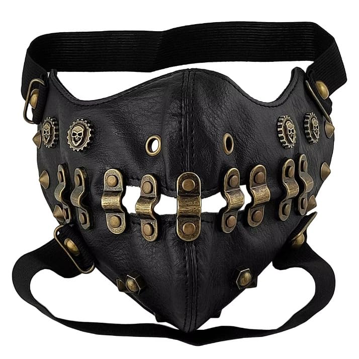 Gothic Steampunk Mouth Face Mask Vintage Rivet Gear Chain PU Leather Mask for Men Women Halloween Cosplay Masquerade Carnival (Style 4)