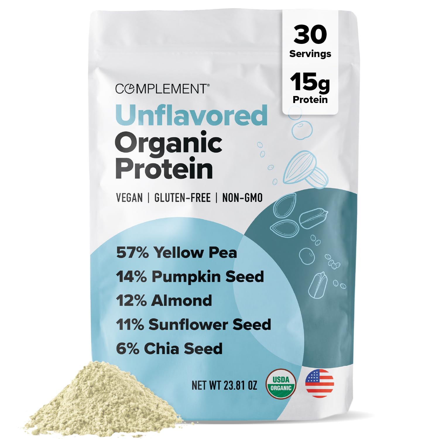 Proteína vegana orgánica sin sabor Complement (30 porciones). Baja en carbohidratos, baja en calorías, sin azúcar, sin soja, sin OMG, sin gluten, sin lácteos. Guisante amarillo, semilla de calabaza. 15 g de proteína vegetal en polvo.