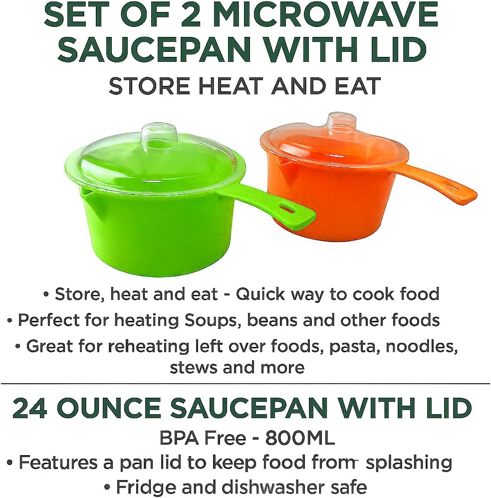 Set of 2 Microwave Saucepan With Lid Store Heat and Eat 800ml each