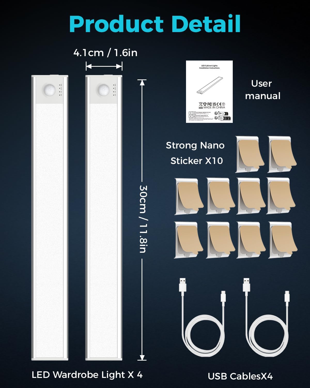 libtit 30CM Unterbauleuchte Küche Led, Dimmbar Schrankbeleuchtung mit Bewegungsmelder, 3000K-4000K-6500K Farbmodi, Hell USB Aufladbar Lichtleiste für Schrank Treppe Flur, 4Stück