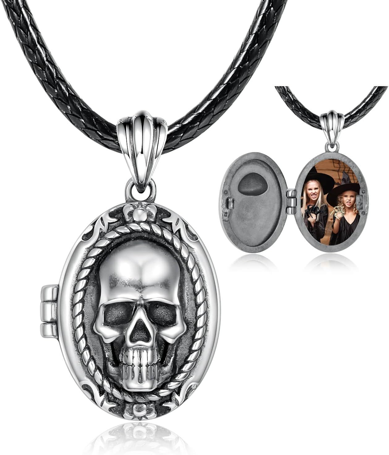 Skull Locket Necklace for Women - 925 Sterling Silver Gothic Skeleton Head Pendant that Holds Pictures Vintage Memorial Jewelry Halloween Gifts for Her