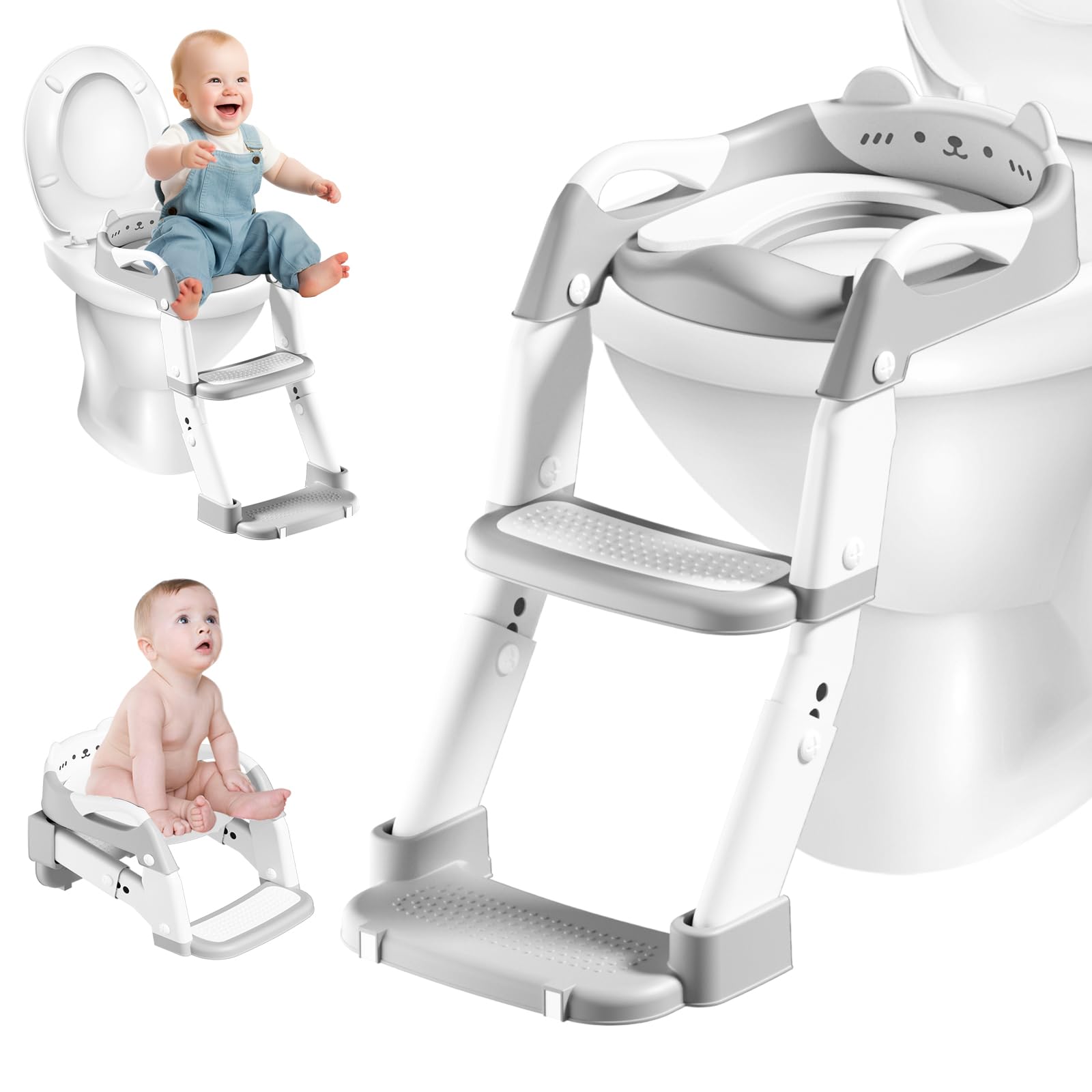 Réducteur Toilette Enfant 3 en 1 avec Escalier, Siège Toilette Enfants pour Enfants, Hauteur Réglable,Poignées, Antidérapant et Pliable, Entraînement WC, Adapté aux Toilettes en Forme V, U et O (Gris)