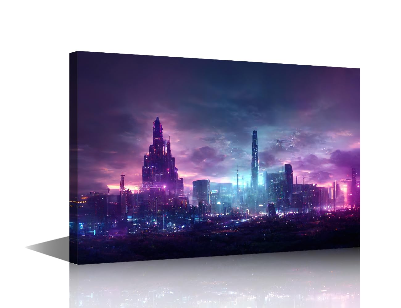 TISHIRON Canvas Wall Decor Wall Art Cyberpunk Gaming Style Neon Glow Night City Poster for Living Room Bedroom Home Wall Decor Framed Ready to Hang 12x18 in