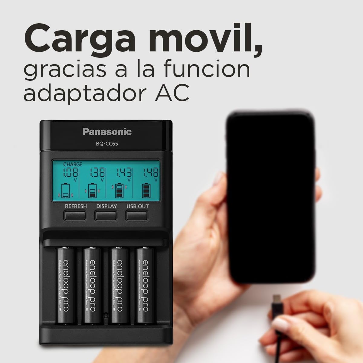 eneloop Pro Cargador Pro, para 1-4 Pilas Recargables AA/AAA, 2h de Tiempo de Carga, 10 Funciones de Seguridad