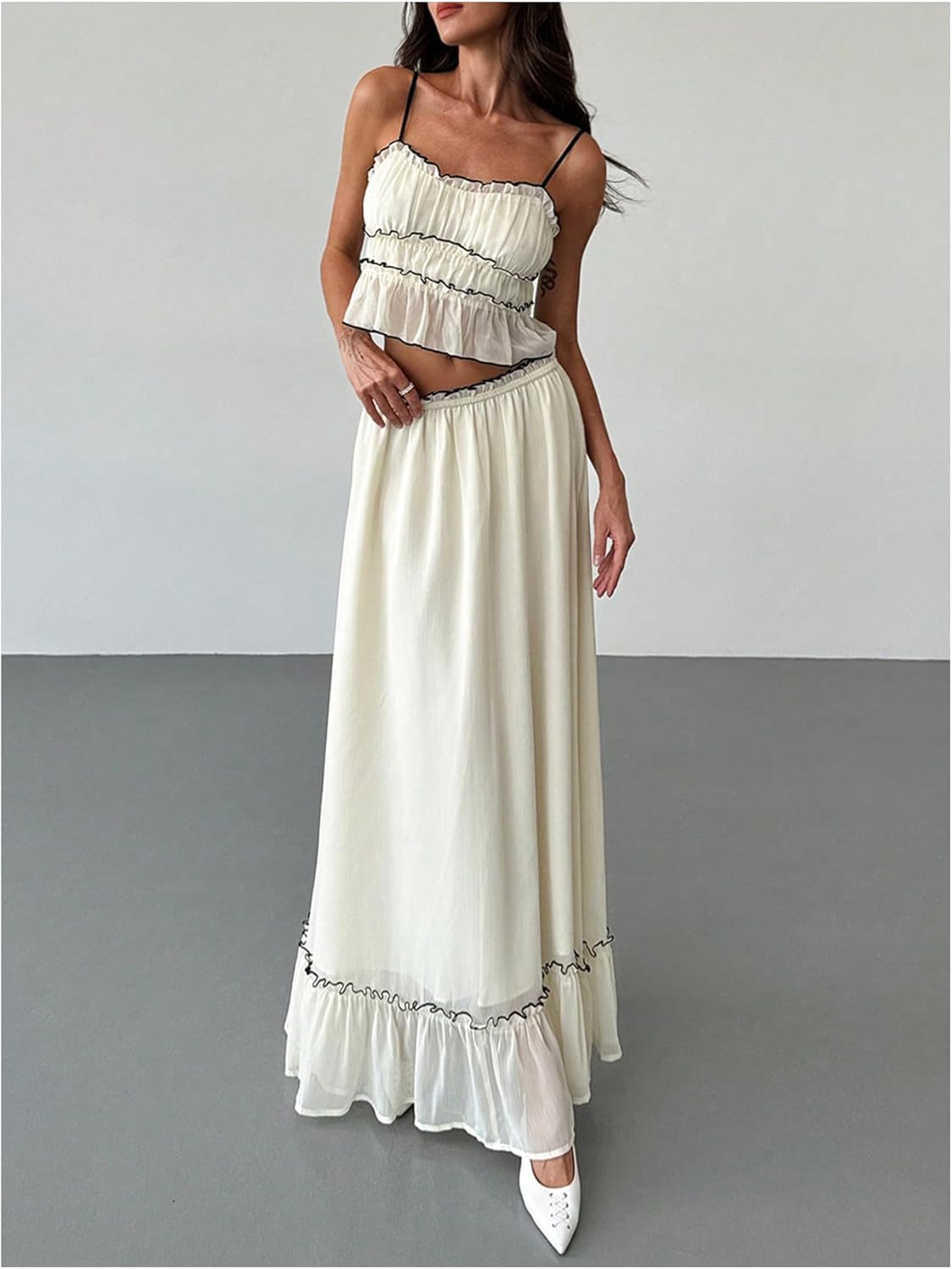 SOLY HUX Women's Skirt Sets 2 Piece Outfits Contrast Trim Ruffle Hem Cami Tops and Maxi Skirt Vacation Set - Image 3