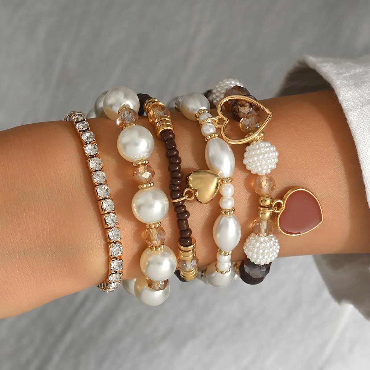 5Pcs Boho Stackable Beaded Bracelets Set for Women Oil Dripping Heart Bracelets Pearl Stretch Bangles Multilayered Handmade Friendship Holiday Beach Jewelry Accessaries for Women - Image 3