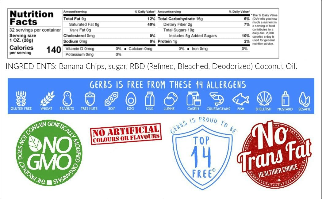 Gerbs Banana Chips Sweetened, 2 LBS – Unsulfured & Preservative Free - Top 14 Allergy Friendly & Non GMO - Product of Philippines