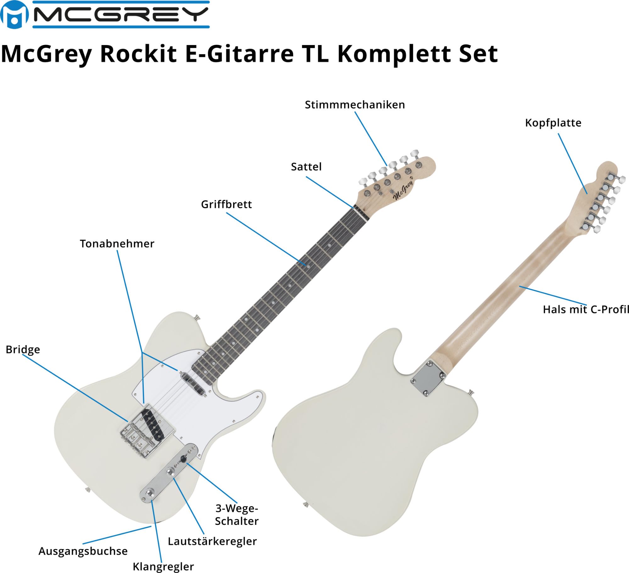 McGrey Rockit TL-Style Komplettset E-Gitarre (8-teiliges Anfängerset mit Gitarre, Verstärker, Ersatzsaiten, Gitarrentasche, Stimmgerät, Plektren, Gurt und Gitarrenkabel) Antique White