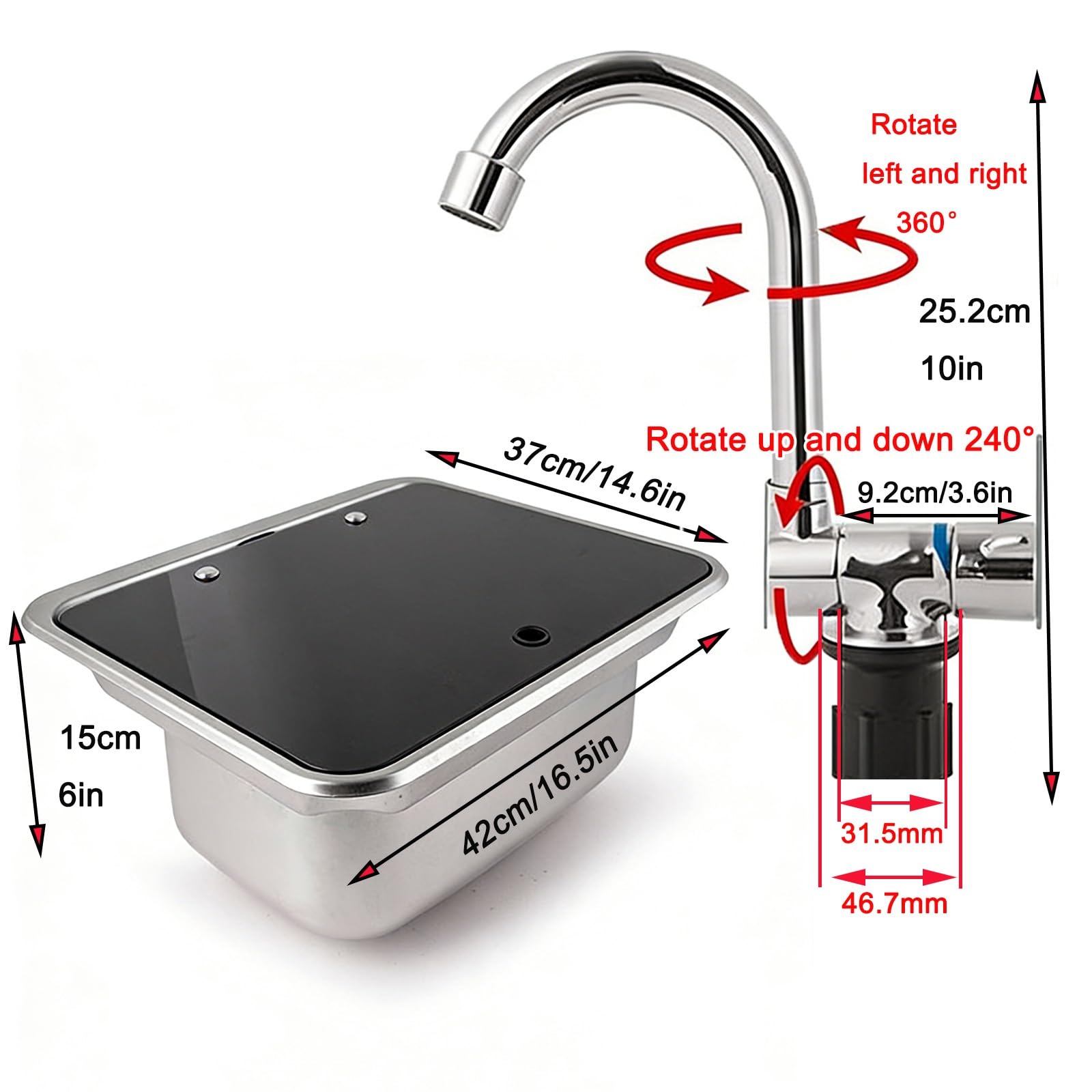 Fregadero Camper con Tapa, Lavabo Caravana con Grifo Plegable, Fregadero Empotrable, Material de Acero Inoxidable, Adecuado para Remolques y Caravanas