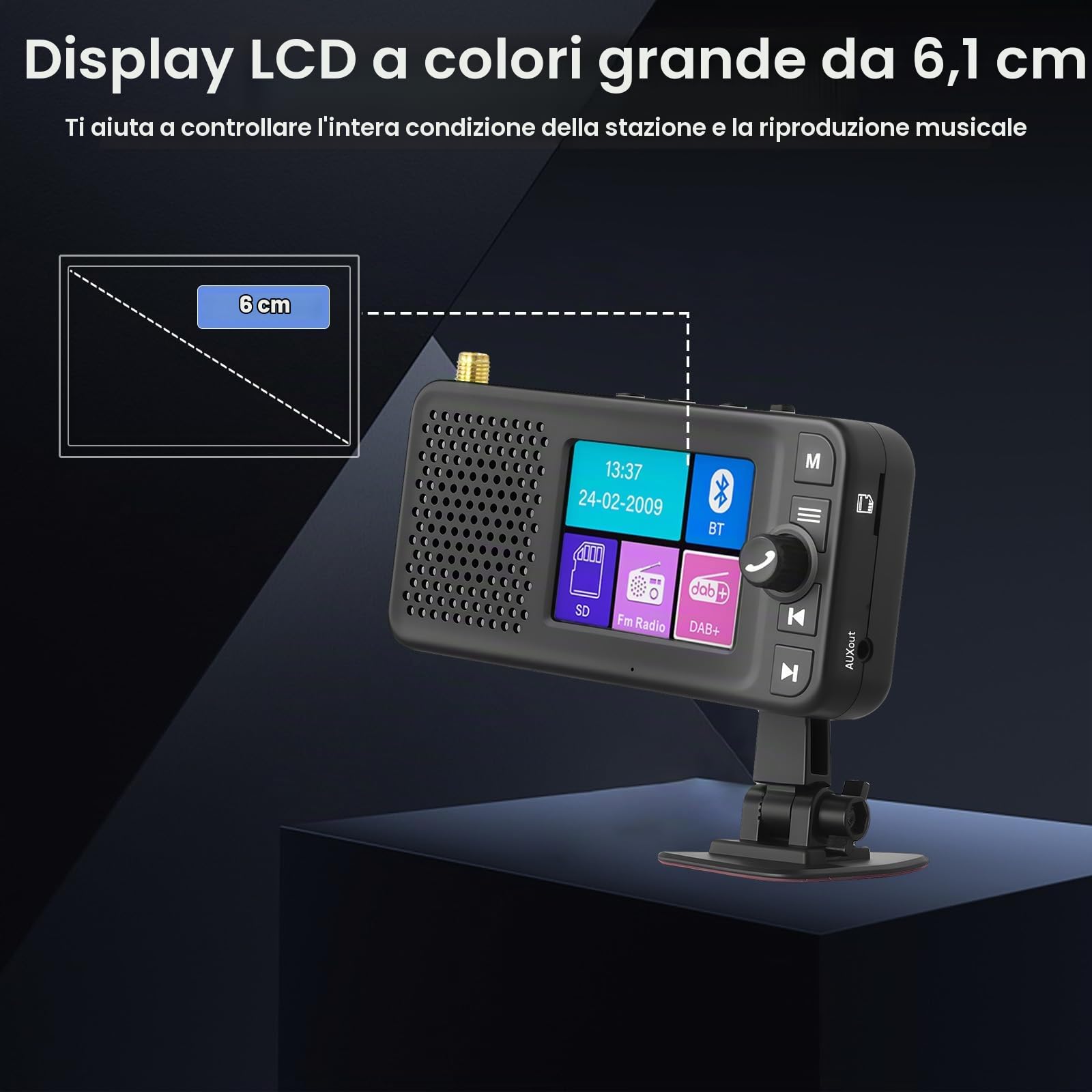 Hikity Adattatore DAB+ per Autoradio Bluetooth 2,4" LCD | Trasmettitore DAB/FM, Ingresso/Uscita Ausiliaria, Caricabatteria per Auto