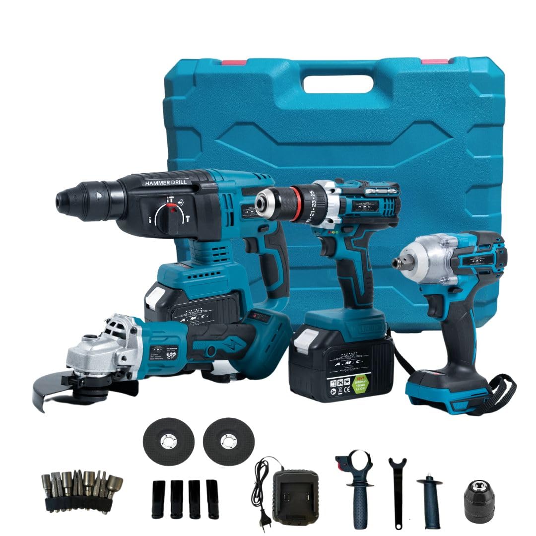 A.​M.​C. Kit Professionale 4 in 1: Trapano Avvitatore a Batteria, Smerigliatrice Angolare, Trapano a Percussione e Martello ad Impulsi Svita Bulloni, 88v