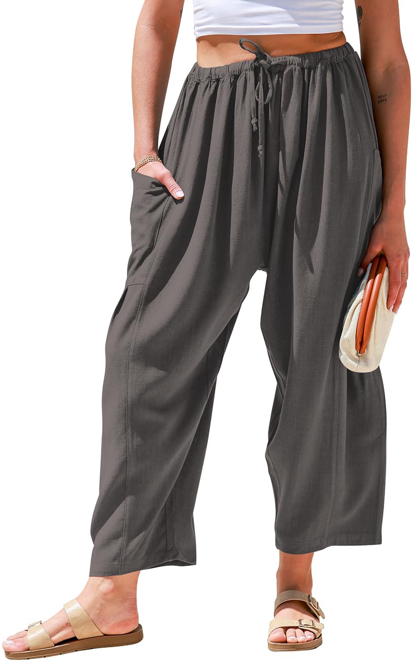 TARSE Womens Linen Wide Leg Pants Casual Loose Drawstring Summer Beach Travel Vacation Palazzo Harem Pants with Pockets