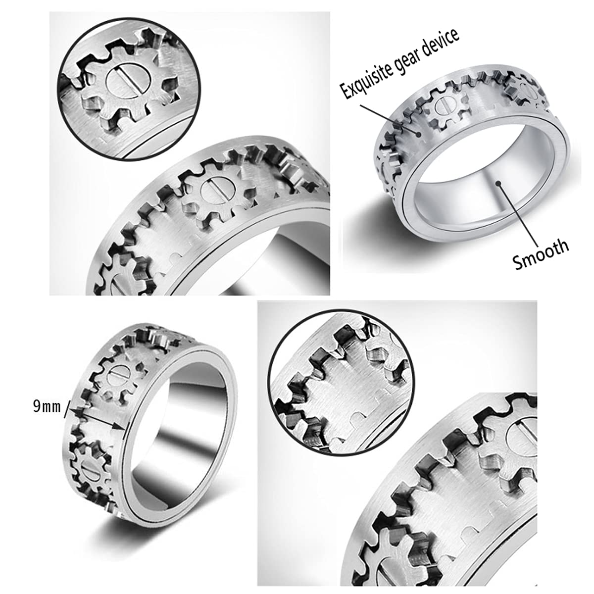 Anneau Spinner pour Le soulagement de l'anxiété des Hommes, Anneau de Rotation d'engrenage mécanique, Anneaux Fidget en Acier Inoxydable pour Adolescents anxieux avec boîte-Cadeau