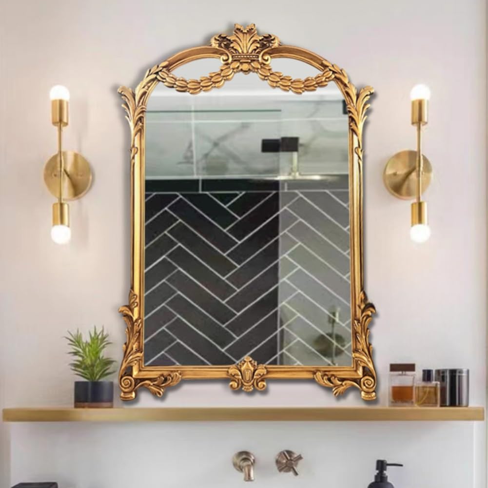 Baroque Arched Wall Mirror, French Vintage Style, Large Bathroom Decorative Mirror, Vanity Mirror For Living Room, Bedroom, Entrance (Color : Antique Gold, Size : 60x90cm
