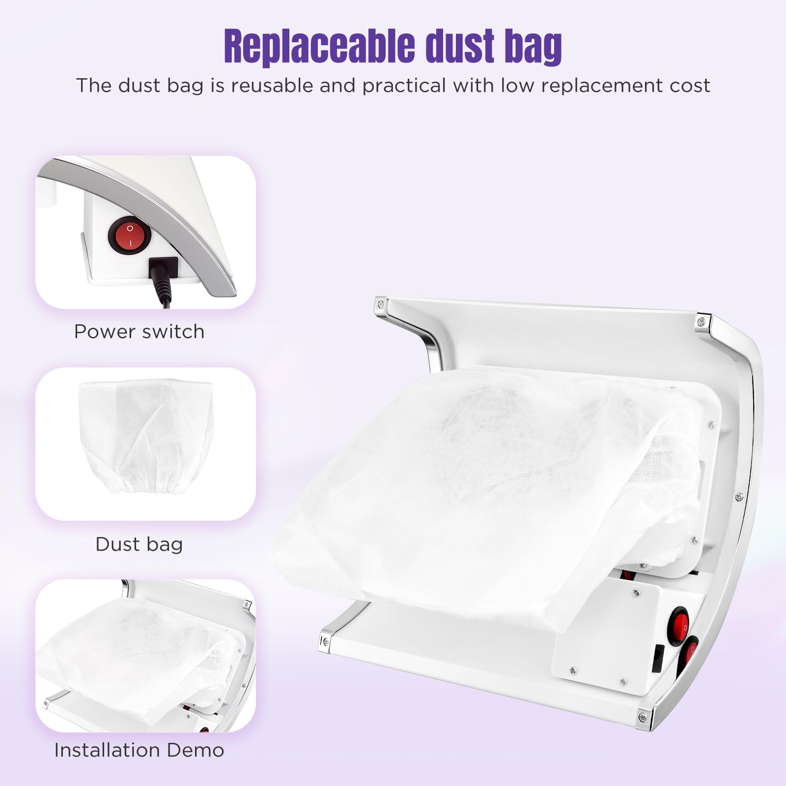 Aspiratore Unghie 80W, Profesionale, Con Filtro E 2 Sacchetti, Aspiratore Per Manicure In Salone O A Domicilio(White)