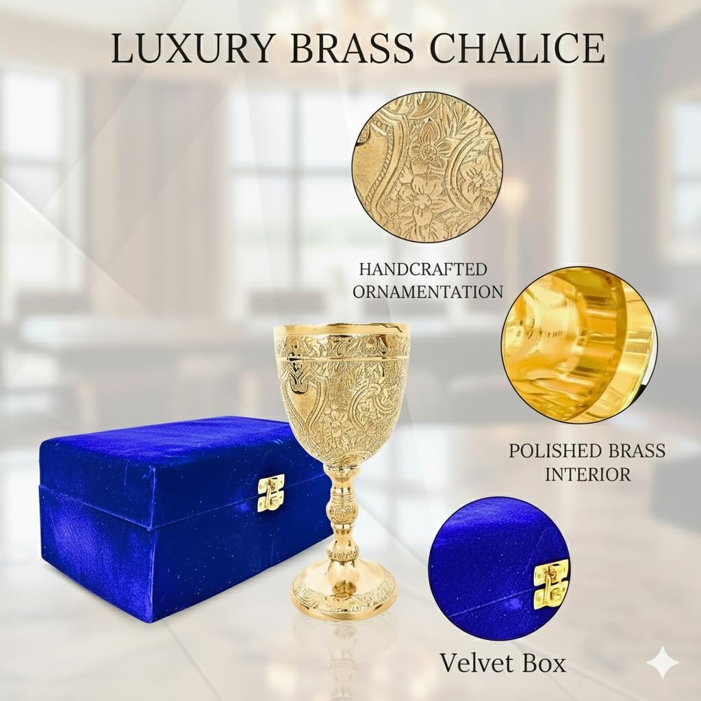 Vintage Chalice Medieval Brass Wine Goblet, 1 Piece Decorative Wine Glass Communion Cup with Royal Embossed Design, Perfect Ideal for Gifting, Home Décor, and Ceremonial Use (With Velvet Box)