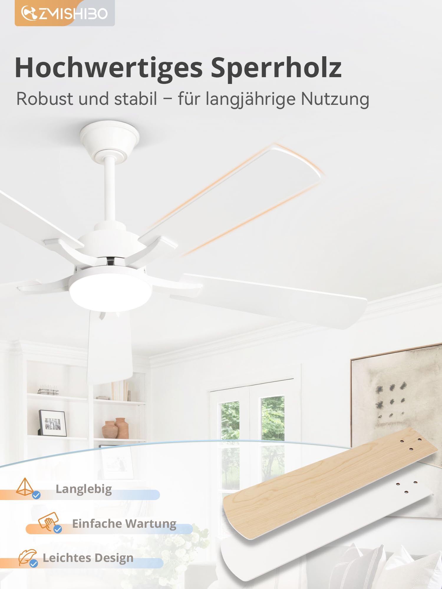 ZMISHIBO Deckenventilator mit Beleuchtung, 132cm Leiser Ventilator mit App- & Fernbedienung, leiser & umkehrbarem DC-Motor, Deckenleuchte mit Ventilator für Schlafzimmer & Wohnzimmer