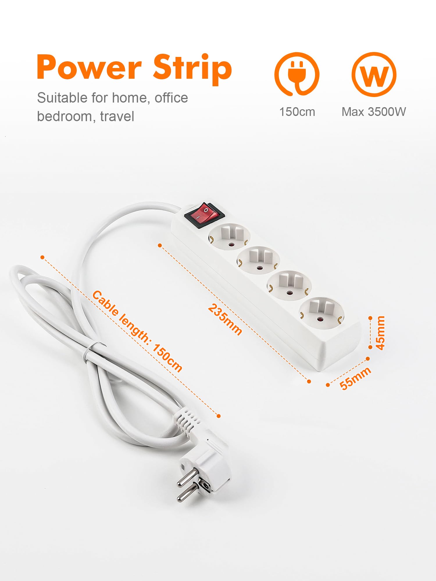 GRIFEMA Regleta Enchufes con 4 Tomas y Interruptor, 3500 W, 16 A, 1,5 m, Blanco, Protección Infantil, Orientación a 45 Grados, Evita Consumos Fantasma — view 7
