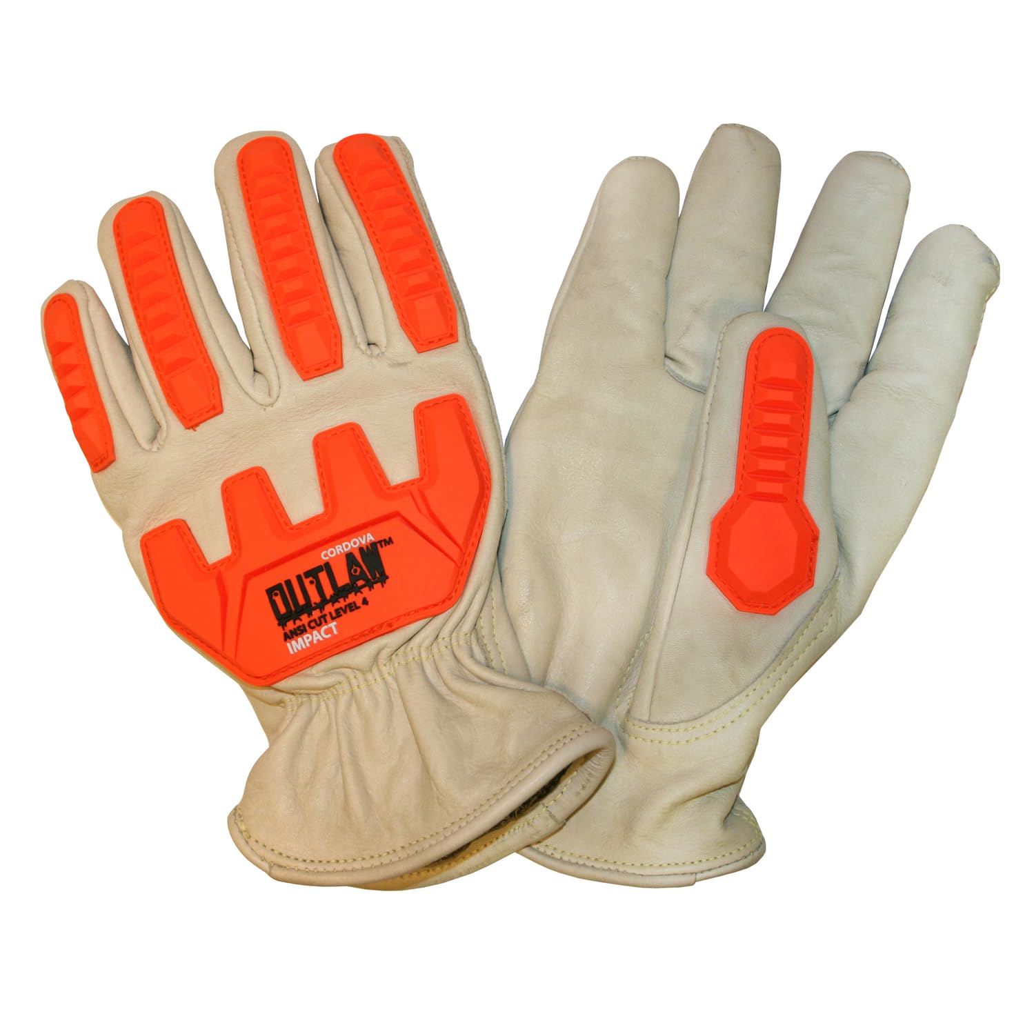 Cordova 8228TPR2XL Outlaw Impact Premium Grain Cowhide Driver Gloves, Aramid/Synthetic Fiber Lined,ANSI Cut Level A4, Orange TPR Protectors,Keystone Thumb, Leather Self-Hem, 2X-Large