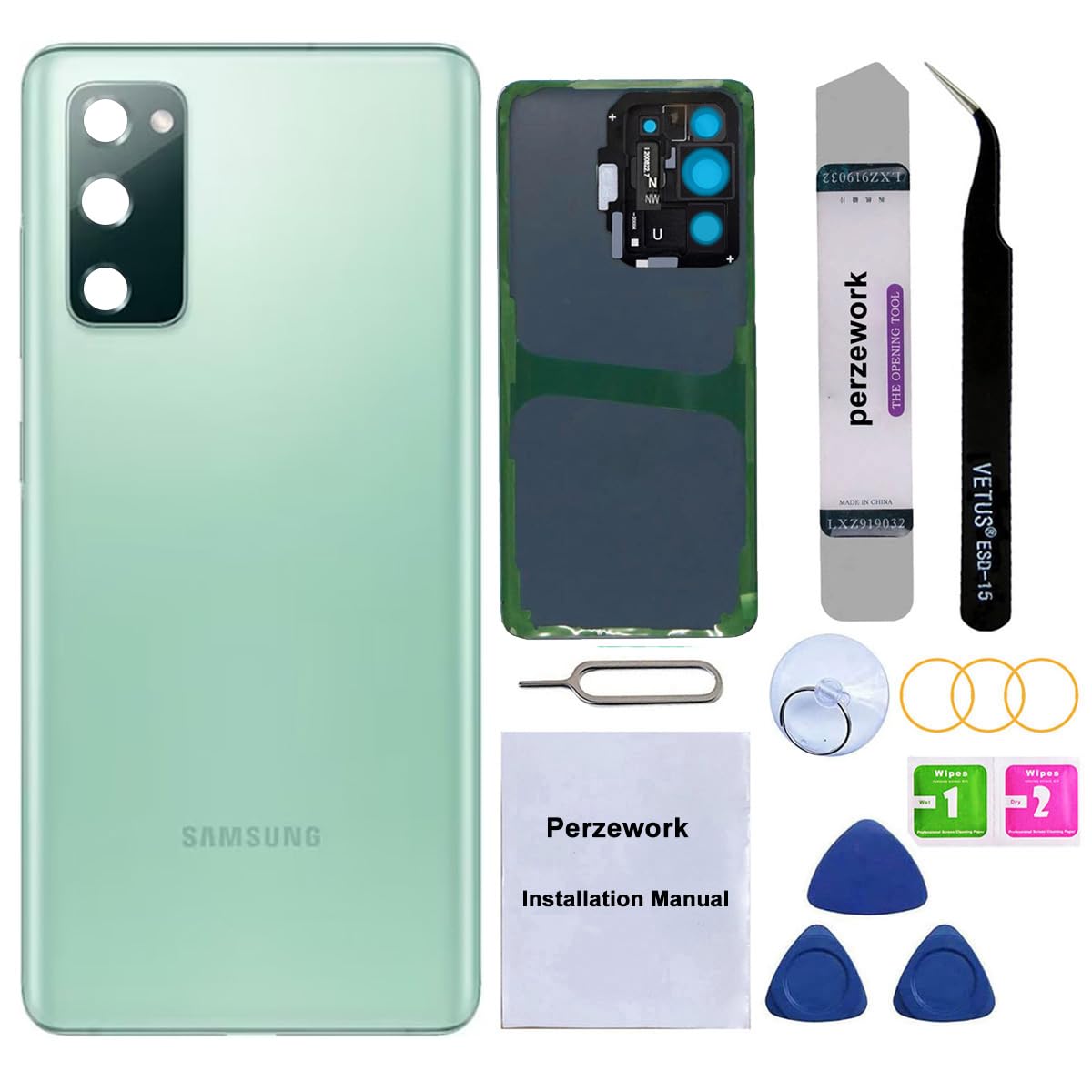 Perzework Rear Back Glass Replacement for Samsung Galaxy S20 FE 6.5 inches with Reparing Toolkit and Pre-Installed Camera Lens (Cloud Mint)