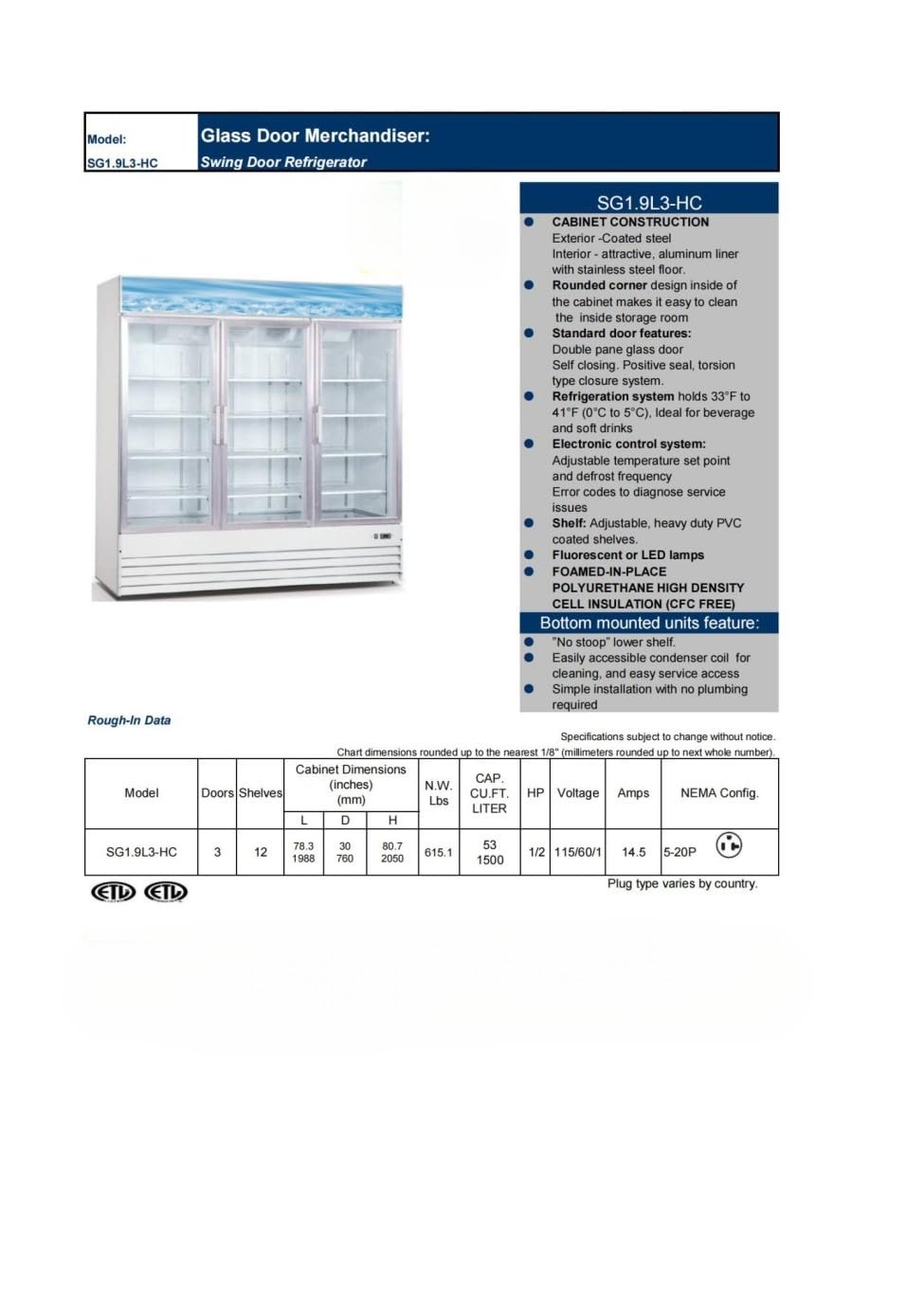 Commercial Upright Reach-in Refrigerator, ETL NSF 3 Glass Door Display Merchandiser Fridge Cooler, 53 cu.ft. 3 Section Fan Cooling Bottom-Mounted, Restaurant Kitchen Cafe