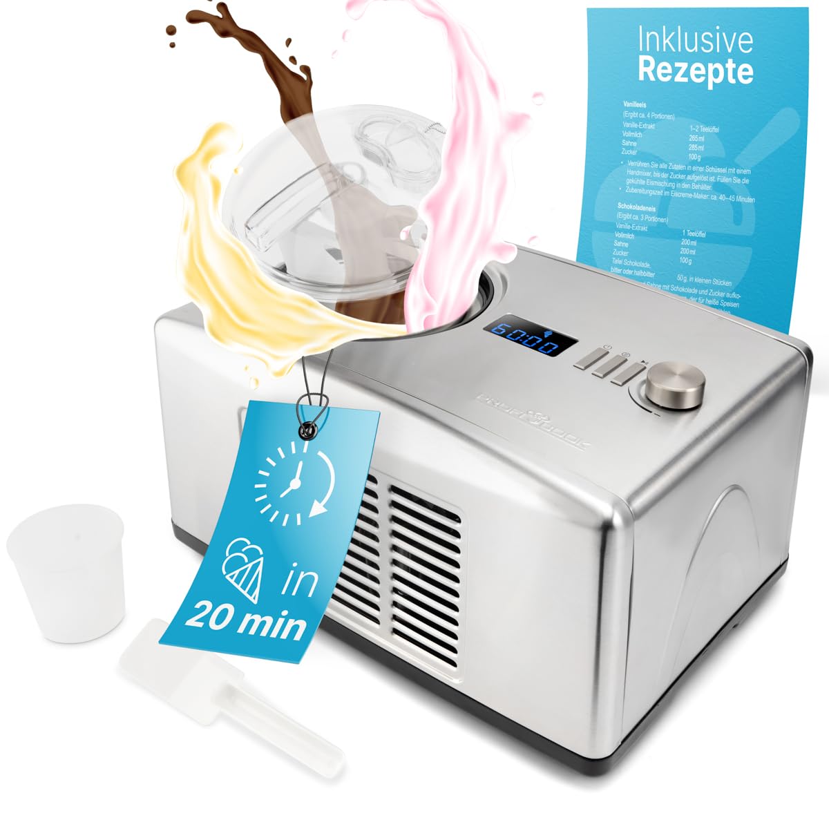 ProfiCook® Eismaschine & Jogurtbereiter in Einem | Eis in 20 min. | für bis zu 1500ml | Eismaschine mit Kompressor | für Eis & Frozen Joghurt | Inkl. Rezepte, Eisspachtel & Messbecher | PC ICM 1091 N