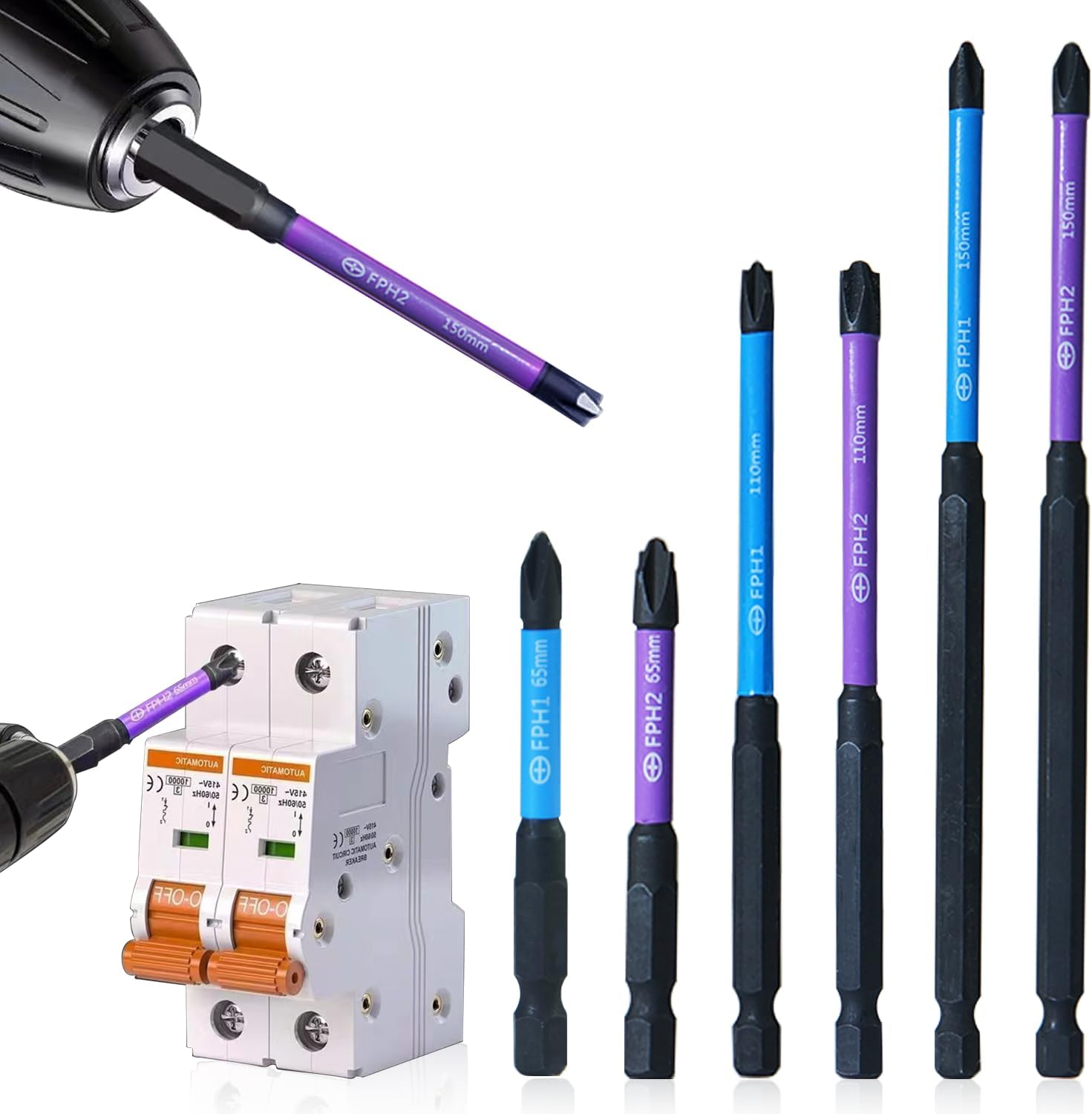 Electrician Impact Screwdriver Bit Set, 1/4” Hex-Shank S2 Steel FPH1 & FPH2 Screwdriver Bit Set for Electricians, 6PCS Phillips Cross Slot Head Screw Driver Drill Bits with Magnetism