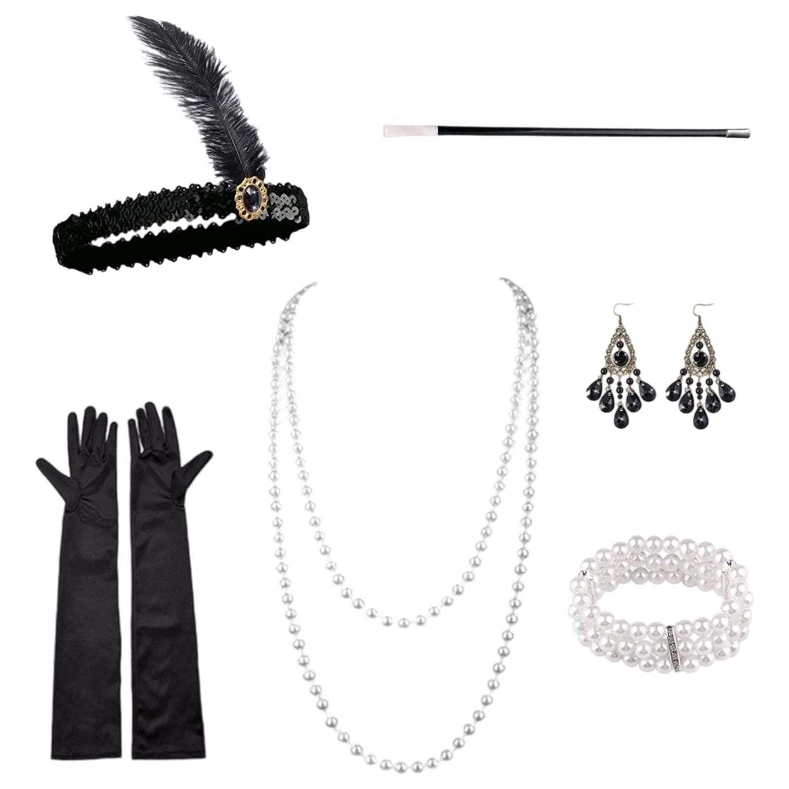Bodeshis 1920s Accessories for Women 6-Piece Gatsby Flapper Set including Headband, Gloves, Necklace, Earrings, Bracelet